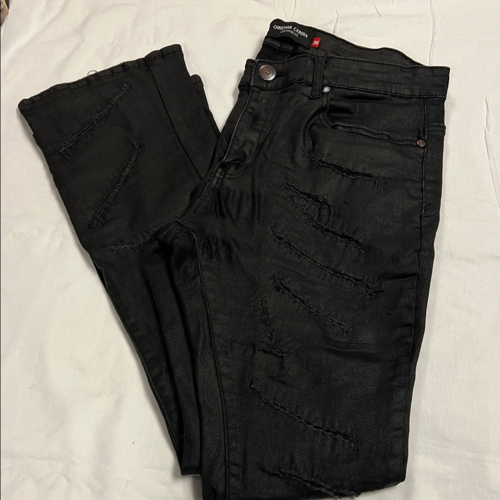 Cristian Cabrera Black Distressed shredded Jeans 36x34 spandex blend 100% cotton